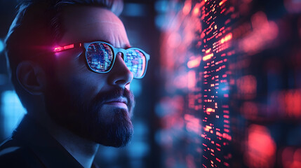 Bearded man in glasses looks at a display of blue and red digital information, focused expression, futuristic feel