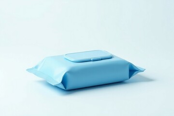 One blue packages wet wipes isolated white background. Clean disposable sanitary products. Compact portable skincare travel. Convenient cleaning baby, body, face. Healthcare product, hygiene.


