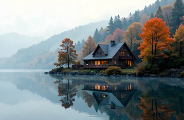 Fototapeta premium Autumn Lakeside Cabin with Reflection