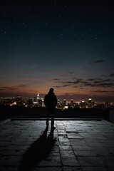 Fototapeta premium Silhouette of person overlooking city skyline at night