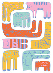 cats Bright colorful cute in cartoon style set. Cute animals isolated on white background. Vector illustration