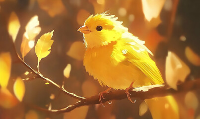 A vibrant yellow bird sits perched on a slender branch amidst a backdrop of golden, blurred foliage