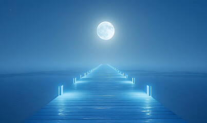 Illuminated pier stretching into the sea under a bright moon on a clear, blue night. Serene and ethereal