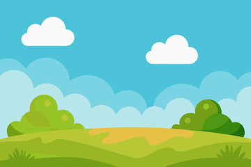 Obraz premium Serene Landscape Illustration Peaceful Meadow, Blue Sky, Fluffy Clouds