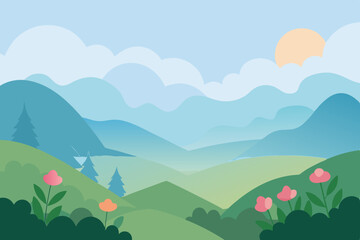 Serene Mountain Landscape Springtime Vista with Blooming Flowers