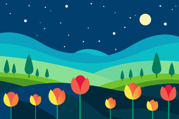 Fototapeta premium Serene Night Landscape Tulips Underneath Starlit Sky and Moon