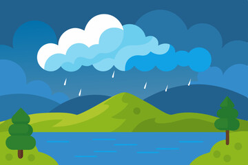 Fototapeta premium Serene Rain A Picturesque Landscape of Mountains, Lake, and Storm Clouds