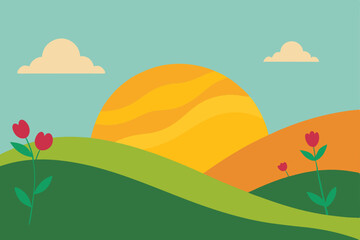 Fototapeta premium Serene Sunset Landscape Rolling Hills, Tulips, and a Golden Sun