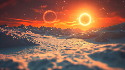 Snowy mountains stretch under a bright, orange sky with glowing rings, resembling a distant, alien landscape