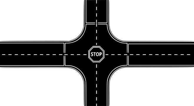 Intersection icon representing a four way stop with dashed lines marking lanes
