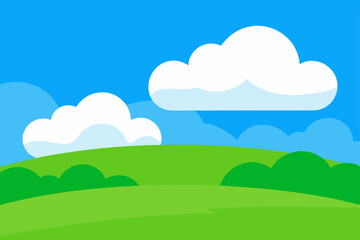 Obraz premium Serene Hilltop Landscape Green Hills, Fluffy Clouds, and a Bright Blue Sky