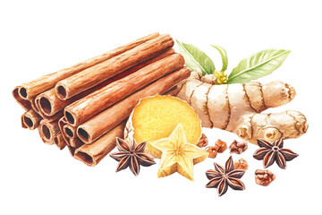 A watercolor illustration of various spices and herbs, including cinnamon sticks, star anise, ginger root, and turmeric