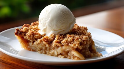 Slice of Apple Crumble Pie Topped with Vanilla Ice Cream