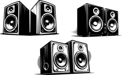 Black and white stereo speakers with a retro and bold illustration style
