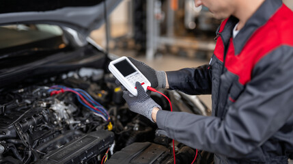 Technicianâs gloved hand holding a diagnostic scanner plugged into the OBD-II port, wires visible beneath steering column leading to the central control module