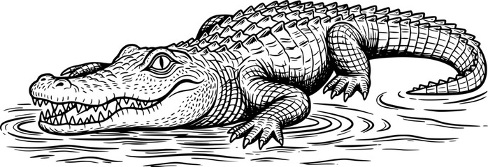 Fototapeta premium Black and white drawing of a stylized alligator lurking in the waters 