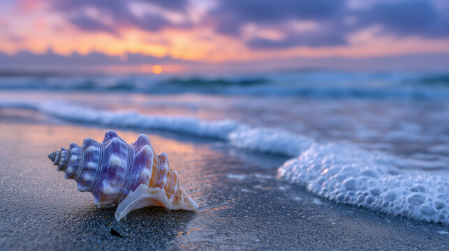 Seashell glistening with dew on a wet sandy shore, a soft blue wave rolls in and foams around it as pink and orange dawn skies light up the tranquil seascape