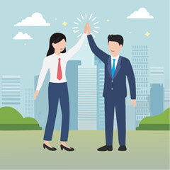 Employee, organization or company worker, team or teamwork success together, staff partnership or community concept, success businessman, businesswoman colleague high five for winning celebratio