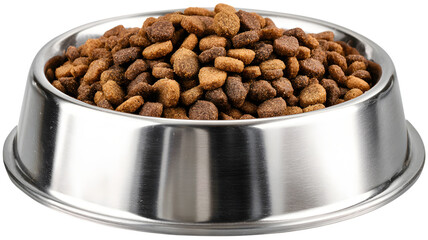 Close-up view of a filled stainless steel pet bowl with dry dog food on a background showcasing pet nutrition and healthy pet food choices.