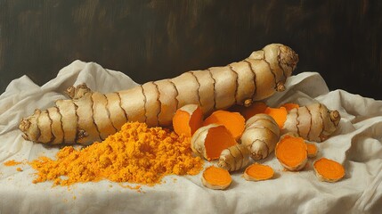 Naklejka premium Fresh Turmeric Root and Powder on White Cloth with Sliced Turmeric in Artistic Style