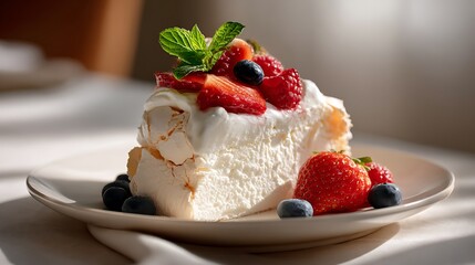Delicate Pavlova Dessert Topped with Fresh Berries and Mint