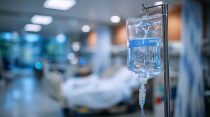 IV bag suspended from metal stand in brightly lit hospital room, clear liquid visible inside bag with soft focus on patient bed and white curtains behind