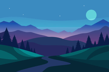 Serene Night Landscape Moonlit Mountains and Winding Road