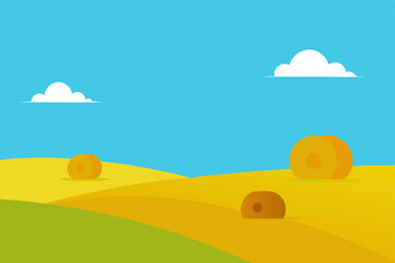 Obraz premium Serene Summer Hay Bales Landscape Golden Fields Under Blue Sky
