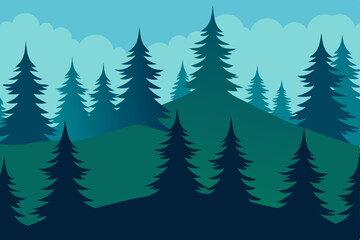 Obraz premium Serene Evergreen Forest Landscape Majestic Mountains and Pine Trees Silhouettes