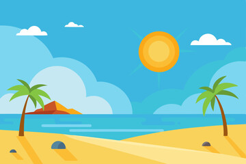 Obraz premium Sunny Tropical Beach Scene Palm Trees, Ocean, and Island Paradise