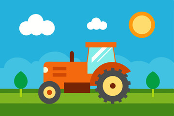 Vibrant Orange Tractor in Sunny Farmland A Delightful Illustration