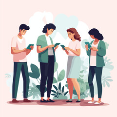 Obraz premium Group of friends using smartphones for mailing and communication in vector illustration