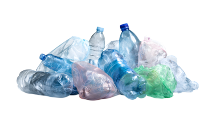 Collection of plastic bottles and bags representing the consequences of plastic pollution and environmental concerns