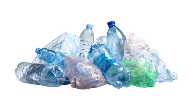 Collection of plastic bottles and bags representing the consequences of plastic pollution and environmental concerns