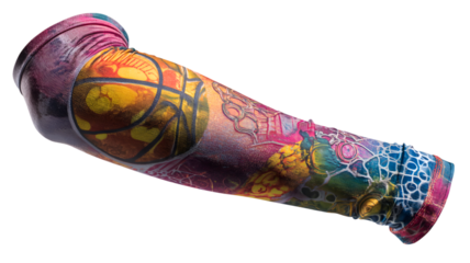 Colorful basketball themed arm sleeve featuring abstract art with vibrant hues and artistic design for sports or fashion