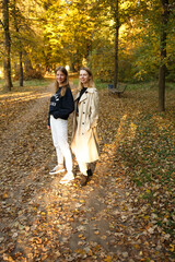 Fototapeta premium Two friends pose together in a golden autumn park, enjoying the warm light and cozy atmosphere of a beautiful day.