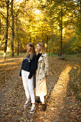Fototapeta premium Two friends pose together in a golden autumn park, enjoying the warm light and cozy atmosphere of a beautiful day.