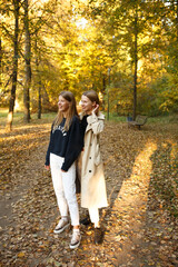Fototapeta premium Two friends pose together in a golden autumn park, enjoying the warm light and cozy atmosphere of a beautiful day.