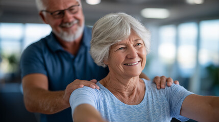 Patient receiving physiotherapy session with therapist guiding arm movements, bright rehabilitation center