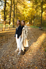 Fototapeta premium Two friends pose together in a golden autumn park, enjoying the warm light and cozy atmosphere of a beautiful day.