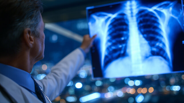 Doctor reviewing chest X-ray on lightbox, silhouette of lungs clearly visible