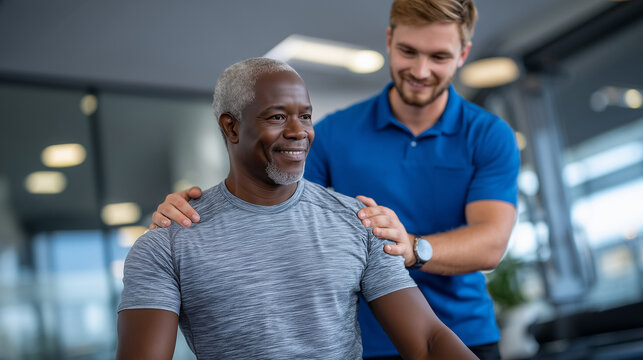 Patient receiving physiotherapy session with therapist guiding arm movements, bright rehabilitation center