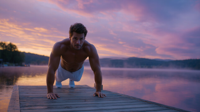 Man doing push-ups on wooden dock over lake at sunrise, calm water reflecting soft pink sky - Powered by Adobe