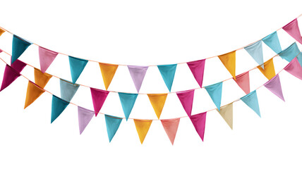 Colorful triangle bunting flags arranged on a string against a modern and white background for celebrations and parties