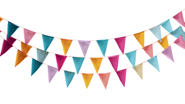 Colorful triangle bunting flags arranged on a string against a modern and white background for celebrations and parties
