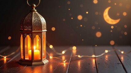 An elegant Ramadan lantern and crescent moon decor, perfect for festive sales and backgrounds.  
