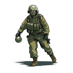 Fototapeta premium Professional Vector Illustration of a Powerful Soldier in Military Force Holding Grenade