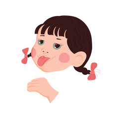 Cute girl child showing tongue. Cheerful child. Girl face image. Cartoon baby face. Vector illustration.