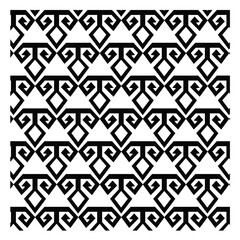 seamless geometric pattern, repeating geometric pattern in black and white, abstract, stylized motifs, two downward-curving or spiraling arms, small diamond or triangular shapes, tessellating design, 