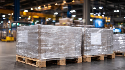 Pallets wrapped in plastic shrink film ready for shipment, stacked neatly on warehouse floor under LED lights